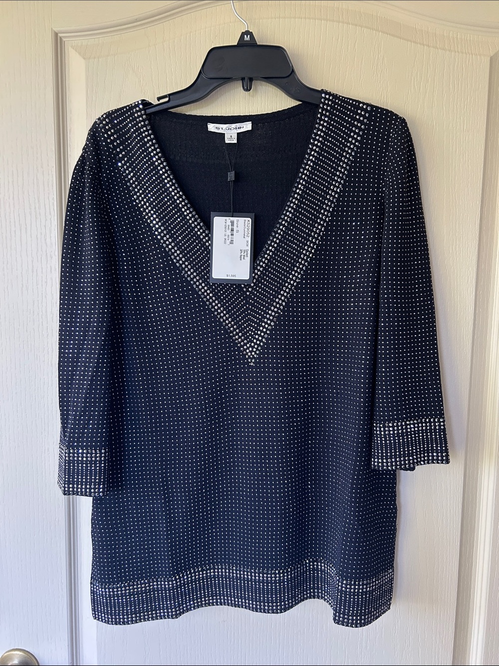 St. John Collection Black Knit Tunic with Silver Sequin Trim